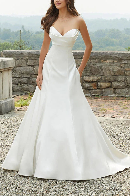 strapless satin a line wedding dress A-line Strapless Ivory Satin Rustic Wedding Dress with Pockets QW2331 US2 / Custom Color