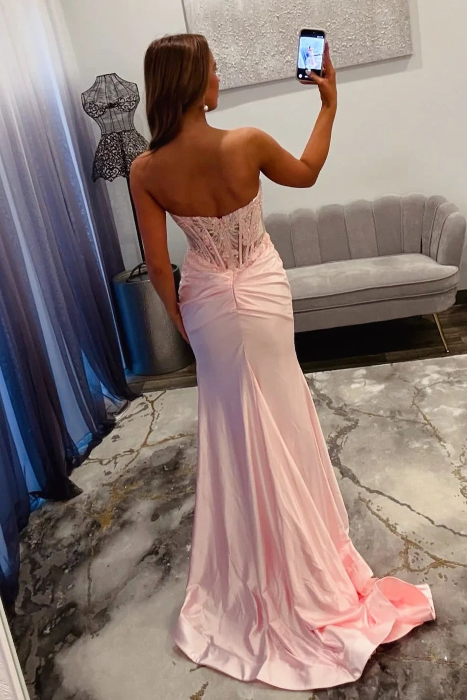 Sweetheart Strapless Satin Mermaid Lace Appliques Party Prom Dress