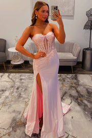 Sweetheart Strapless Satin Mermaid Lace Appliques Party Prom Dress