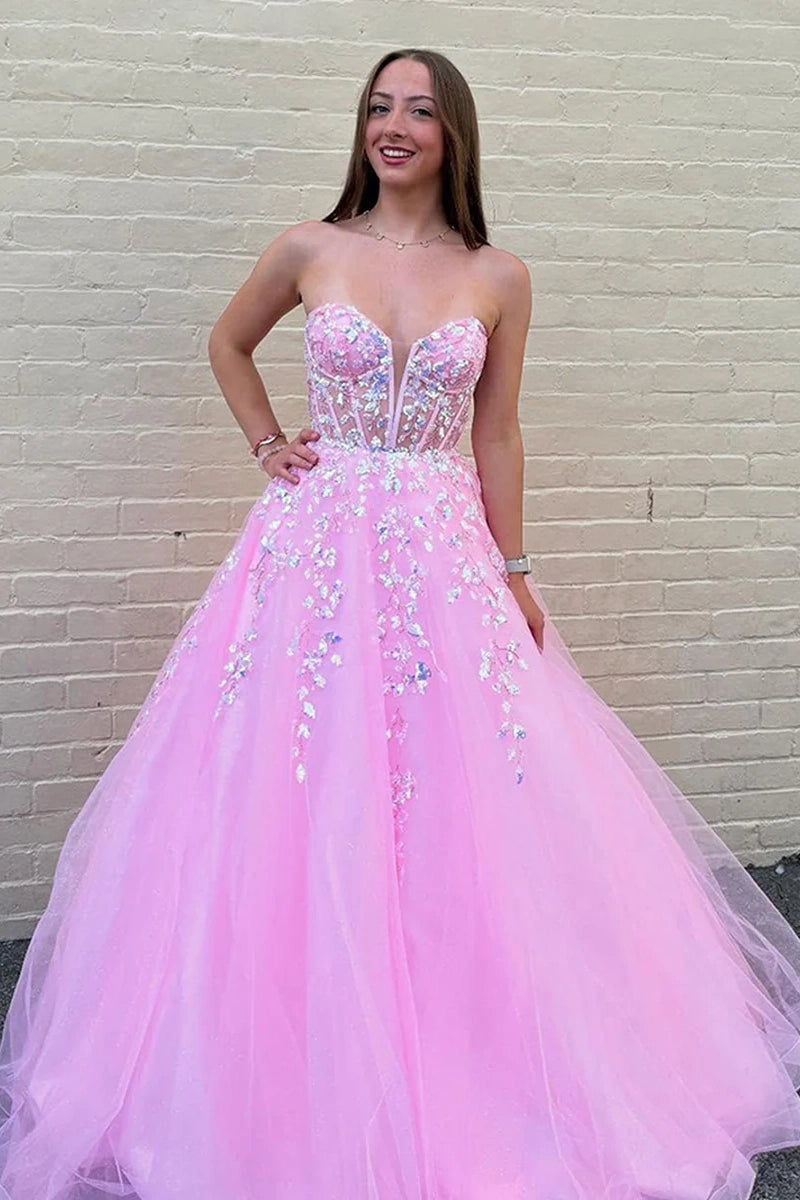 Sweetheart Strapless Sheer Empire Appliques Tulle A-Line Party Prom Dress