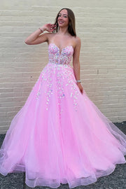 Sweetheart Strapless Sheer Empire Appliques Tulle A-Line Party Prom Dress
