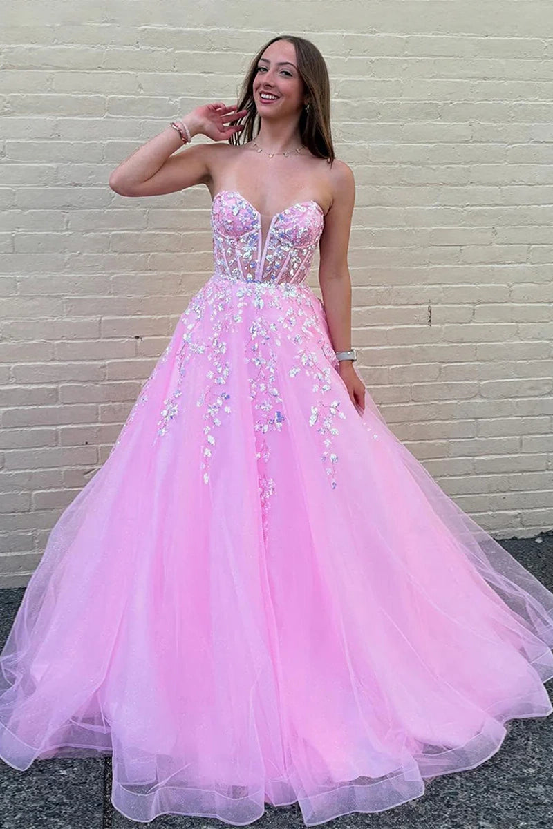 Sweetheart Strapless Sheer Empire Appliques Tulle A-Line Party Prom Dress
