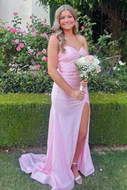 Sweetheart Strapless Tie Mermaid Satin Party Prom Dress With Train