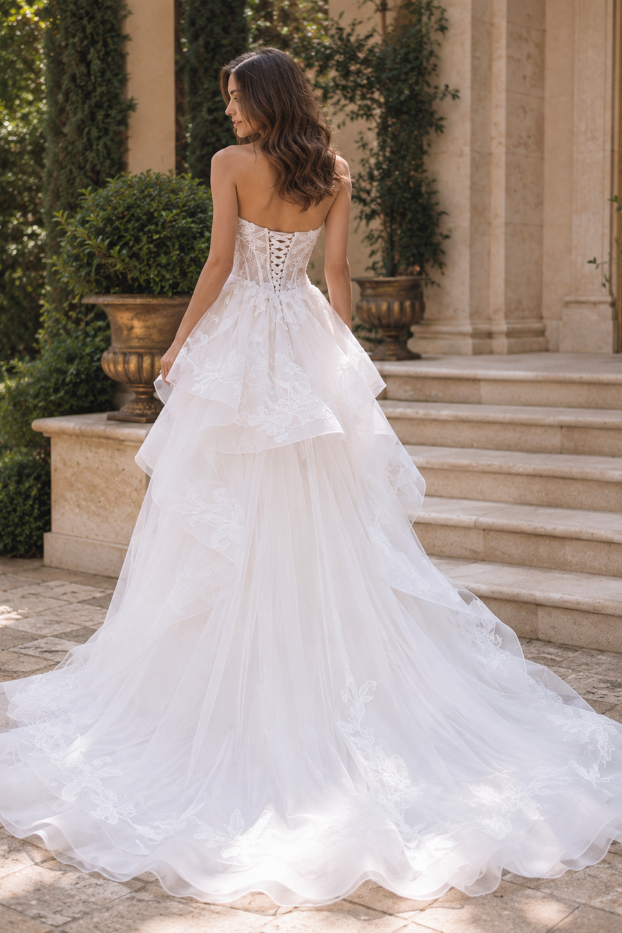Sweetheart Strapless Tiered Tulle A-Line Lace Appliques Wedding Dress