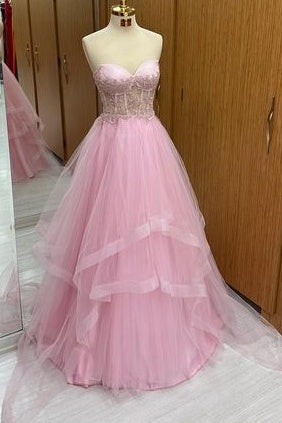 Sweetheart Strapless Tulle A-Line Appliques Long Party Prom Dress