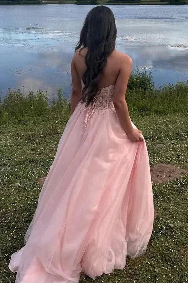 Sweetheart Strapless Tulle A-Line Appliques Modest Party Prom Dress