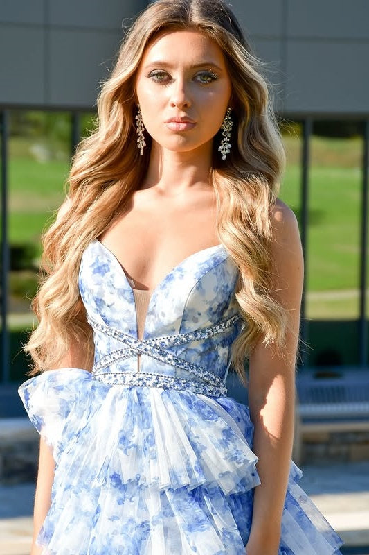 Sweetheart Sleeveless Tulle A-Line Beaded Tiered Party Prom Dress