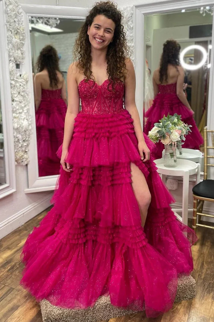 Sweetheart Strapless Tulle A-Line Empire Appliques Tiered Prom Dress