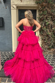 Sweetheart Strapless Tulle A-Line Empire Appliques Tiered Prom Dress