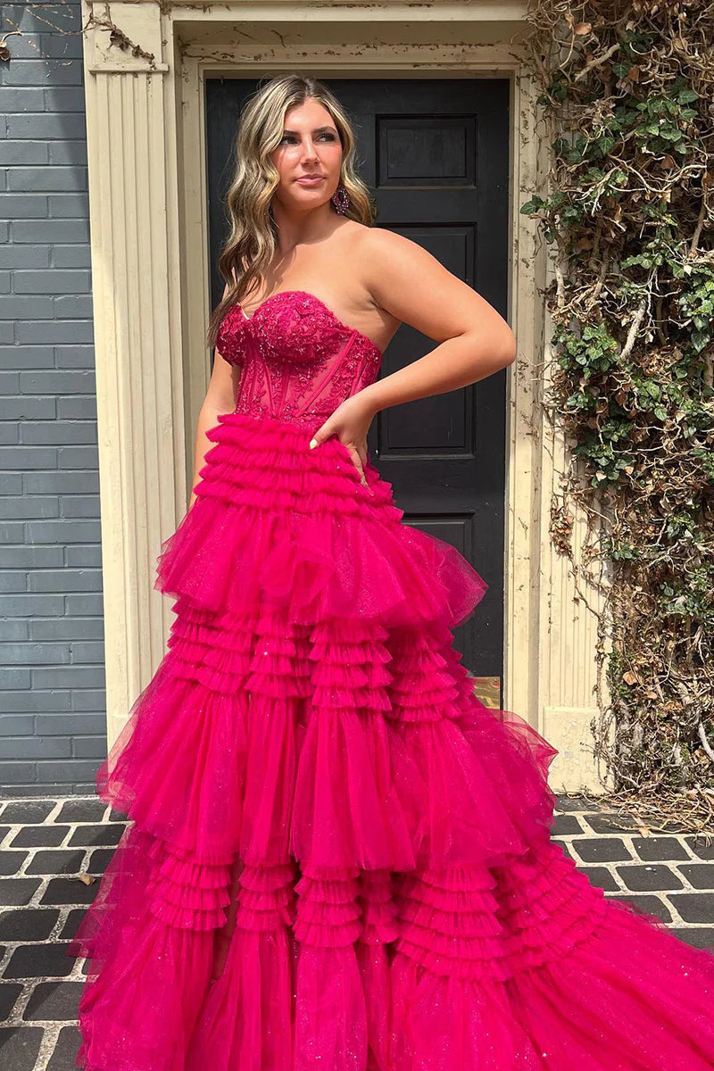 Sweetheart Strapless Tulle A-Line Empire Appliques Tiered Prom Dress