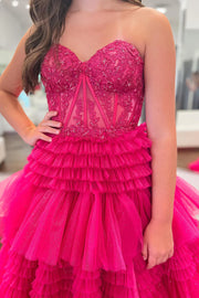 Sweetheart Strapless Tulle A-Line Empire Appliques Tiered Prom Dress