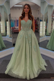 Sweetheart Strapless Tulle A-Line Lace Appliques Party Prom Dress