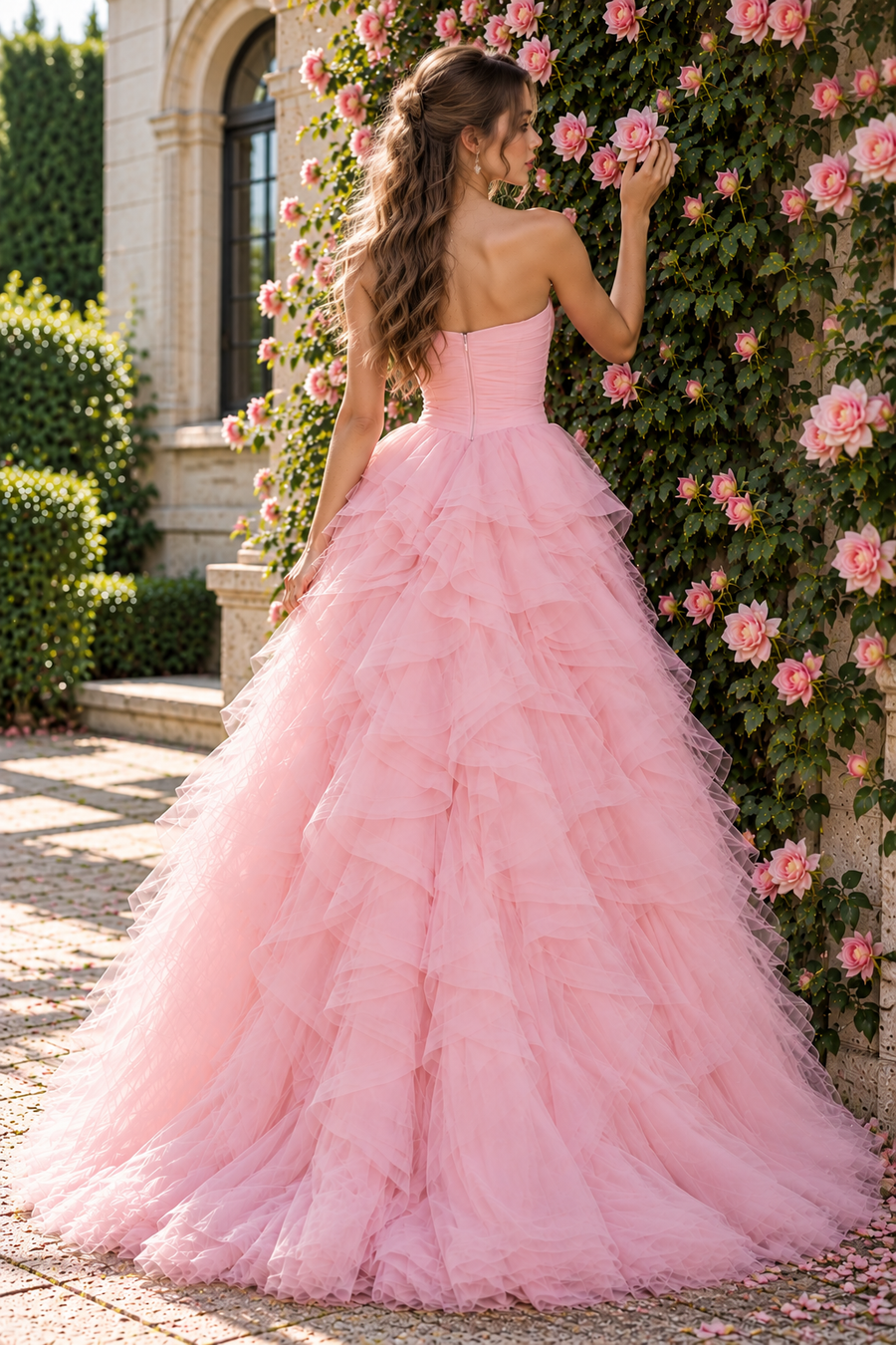 Sweetheart Strapless Tulle A-Line Ruffle Long Formal Party Prom Dress