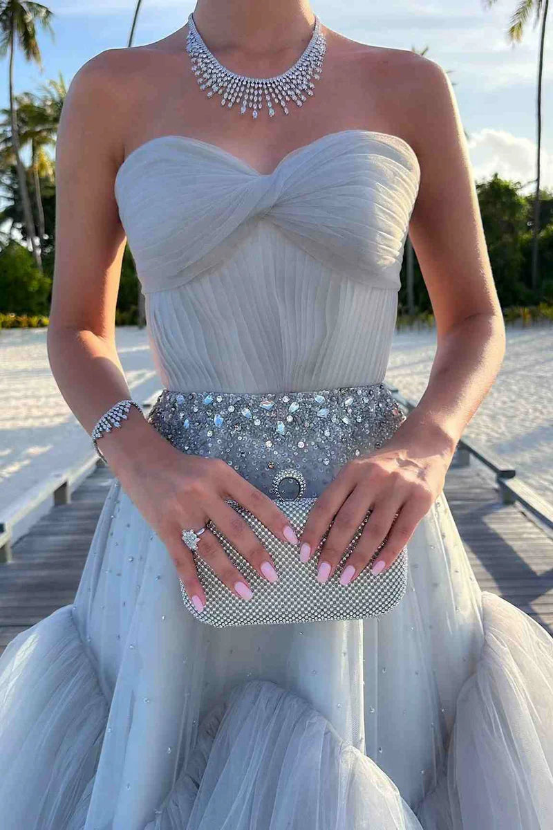 Sweetheart Strapless Tulle A-Line Sequins Beaded Prom Dress