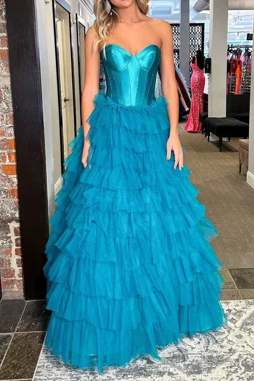 Sweetheart Strapless Two Tone Tiered Long Prom Dress