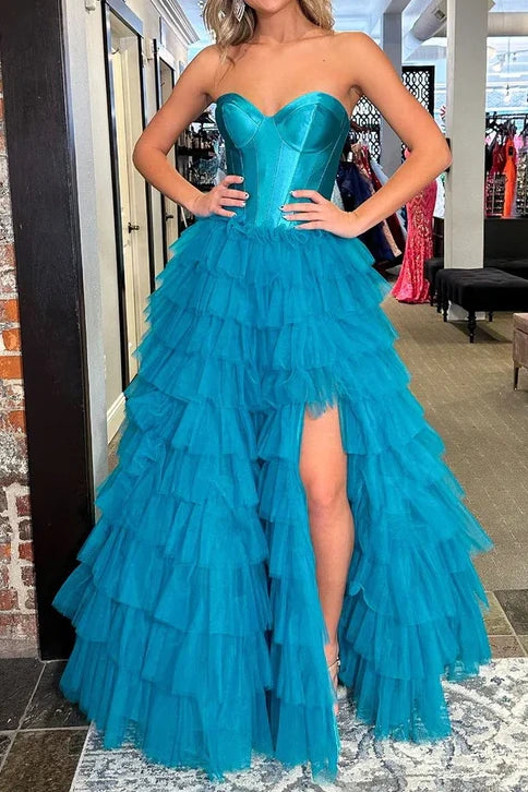 Sweetheart Strapless Two Tone Tiered Long Prom Dress