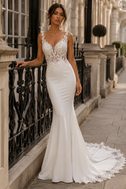 Sweetheart Straps Backless Lace And Satin Mermaid Wedding Dress