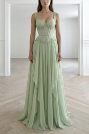 Sweetheart Straps Beaded Chiffon A-Line Ruffle Party Prom Dress