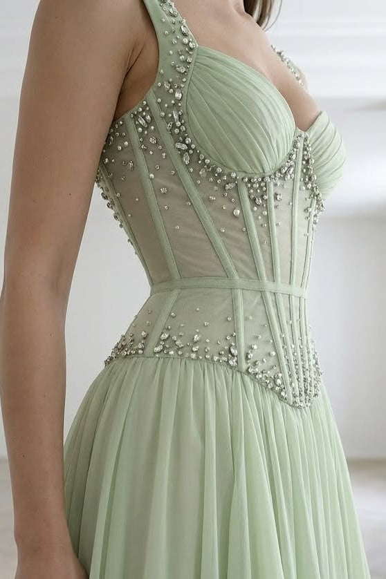 Sweetheart Straps Beaded Chiffon A-Line Ruffle Party Prom Dress