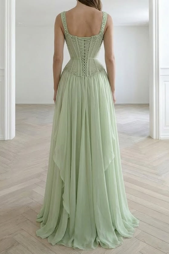 Sweetheart Straps Beaded Chiffon A-Line Ruffle Party Prom Dress