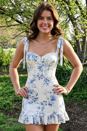 Sweetheart Straps Floral Print Sheath Homecoming Dress With Ruffle