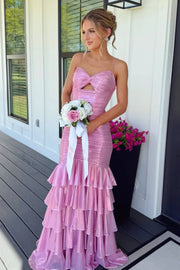 Sweetheart Straps Pleated Empire Tiered Party Prom Dress With Train