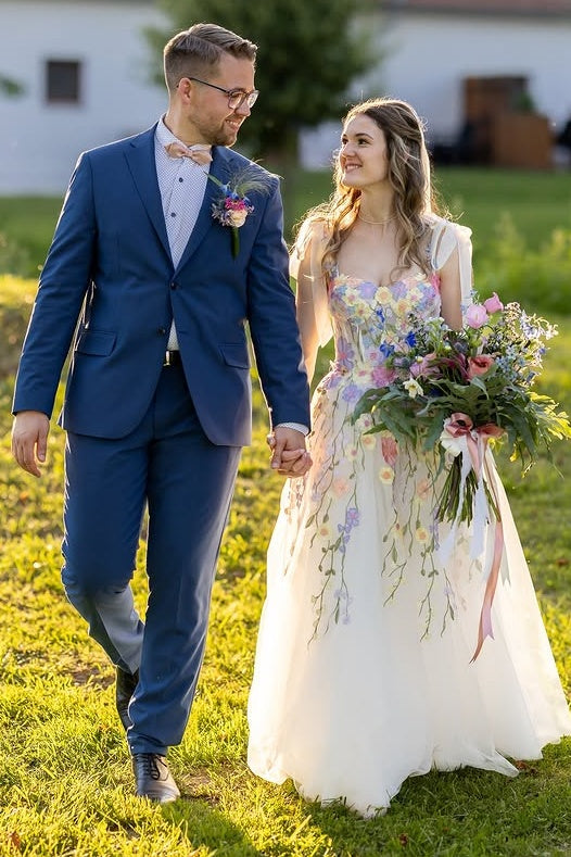 Sweetheart Straps Tulle A-Line Floral Appliques Party Prom Dress