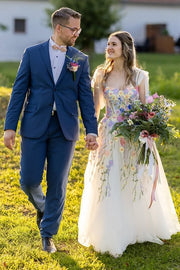 Sweetheart Straps Tulle A-Line Floral Appliques Party Prom Dress