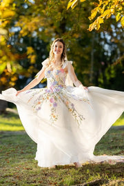 Sweetheart Straps Tulle A-Line Floral Appliques Party Prom Dress