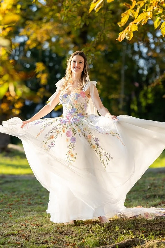 Sweetheart Straps Tulle A-Line Floral Appliques Party Prom Dress