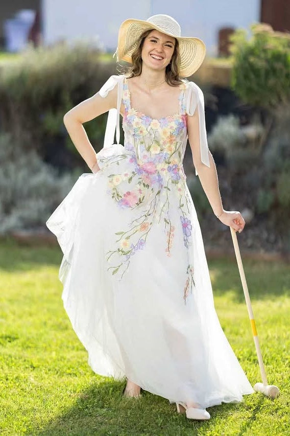 Sweetheart Straps Tulle A-Line Floral Appliques Party Prom Dress