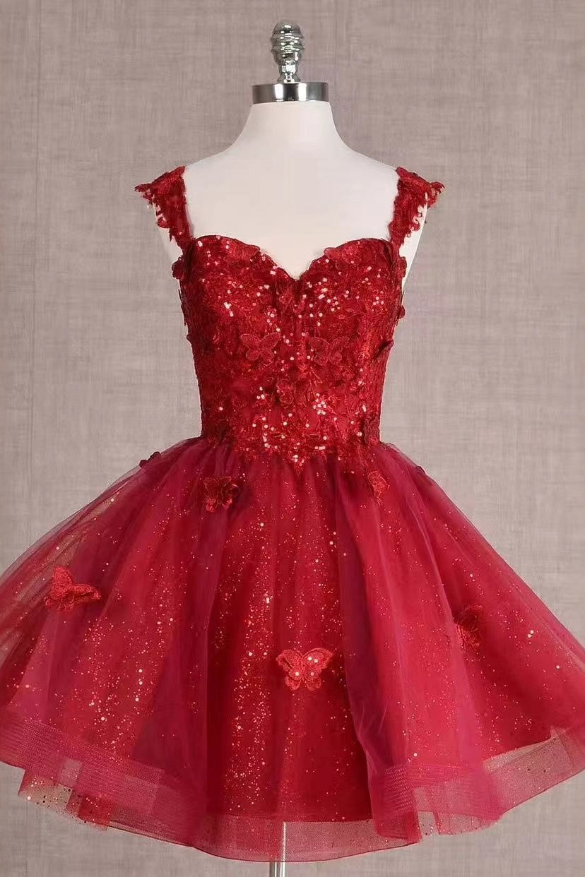 Sweetheart Straps Tulle A-Line Lace Appliques Red Homecoming Dress