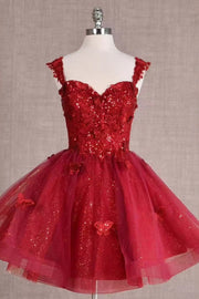 Sweetheart Straps Tulle A-Line Lace Appliques Red Homecoming Dress