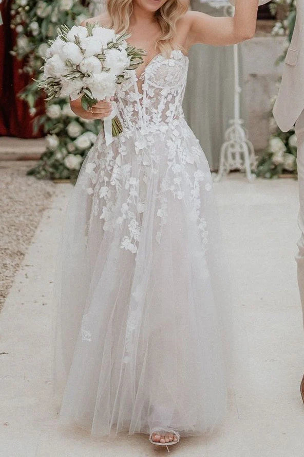 Sweetheart Tulle A-Line Appliques Long Wedding Dress White / US 8 Sweetheart Tulle A-Line Appliques Long Wedding Dress White / US 8