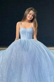 Sweetheart Tulle A-Line Spaghetti Straps Glitter Prom Dress