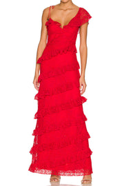 Red Fitted V-Neck Sleeveless Tiered Lace Party Dress