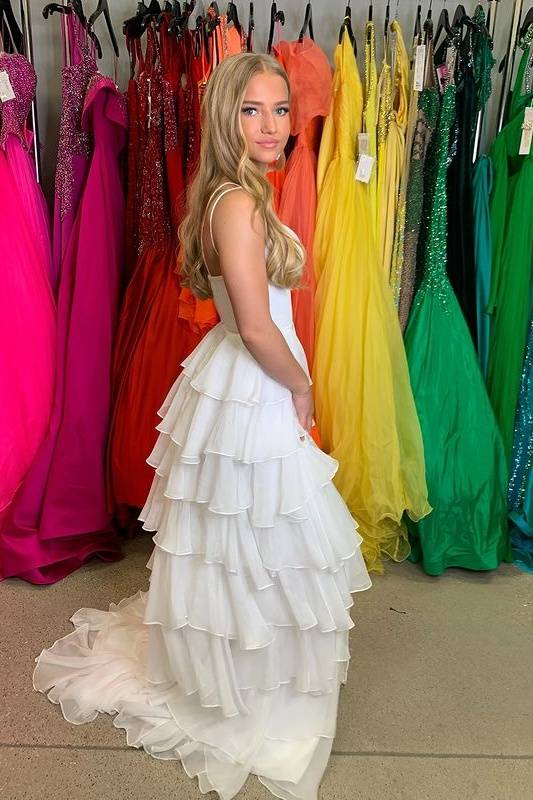 Tiered Chiffon A-Line V-Neck Formal Prom Dress With Slit