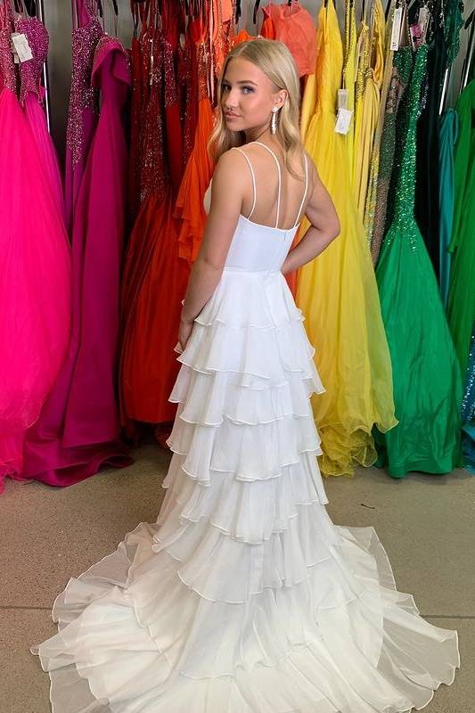 Tiered Chiffon A-Line V-Neck Formal Prom Dress With Slit