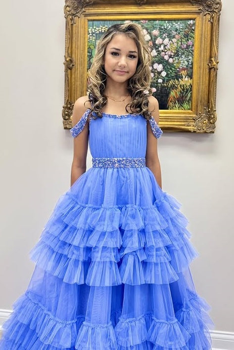 Tiered Tulle A-Line Beaded Girl Pageant Dress