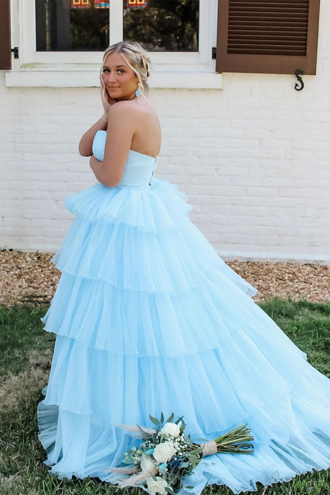 Tiered Tulle A-Line Empire Sweetheart Strapless Party Prom Dress