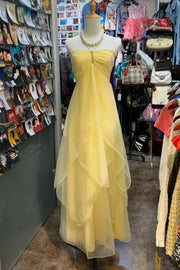 Tiered Tulle A-Line Halter Maxi Yellow Party Prom Dress