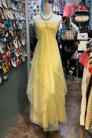 Tiered Tulle A-Line Halter Maxi Yellow Party Prom Dress