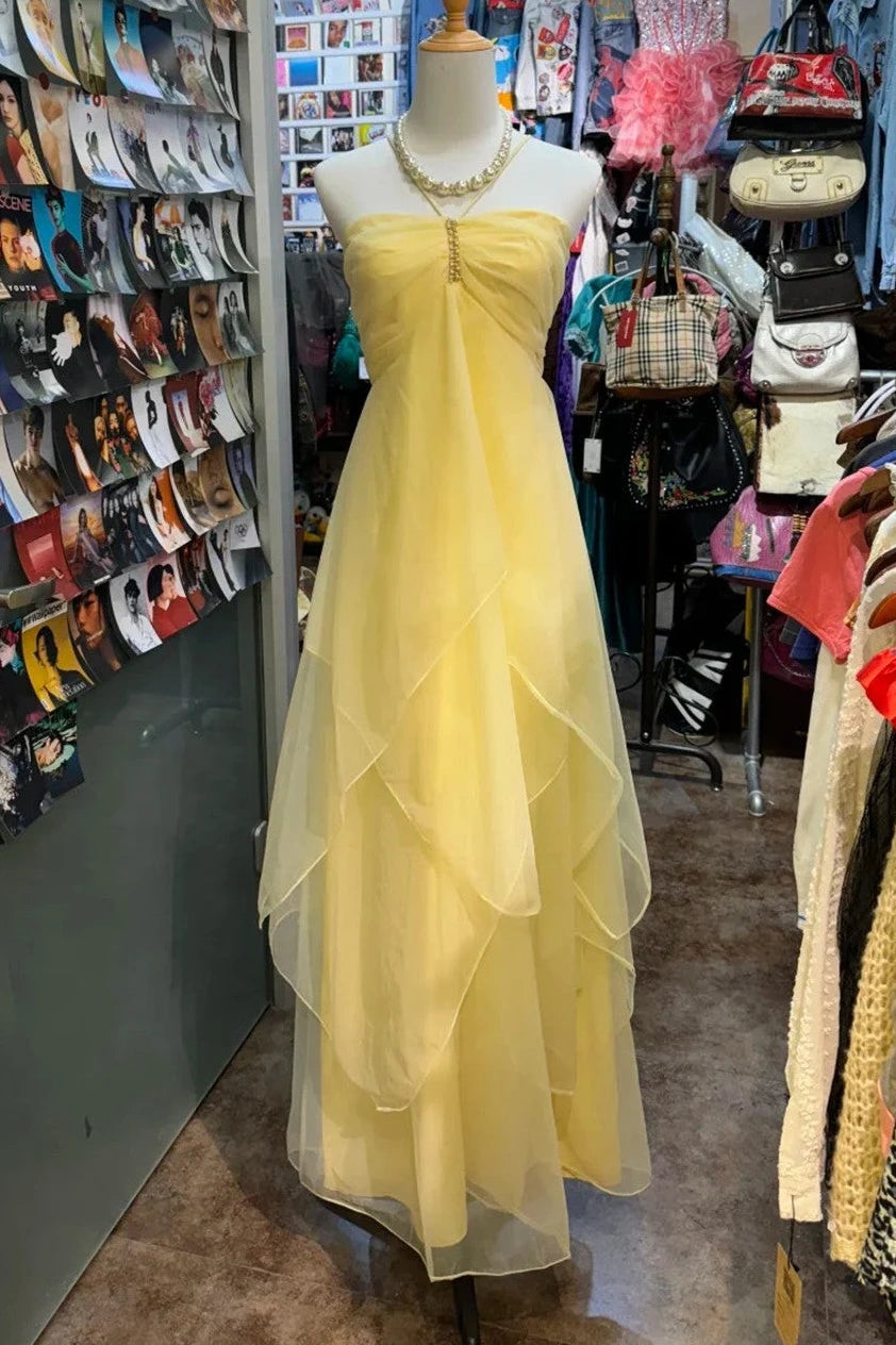 Tiered Tulle A-Line Halter Maxi Yellow Party Prom Dress