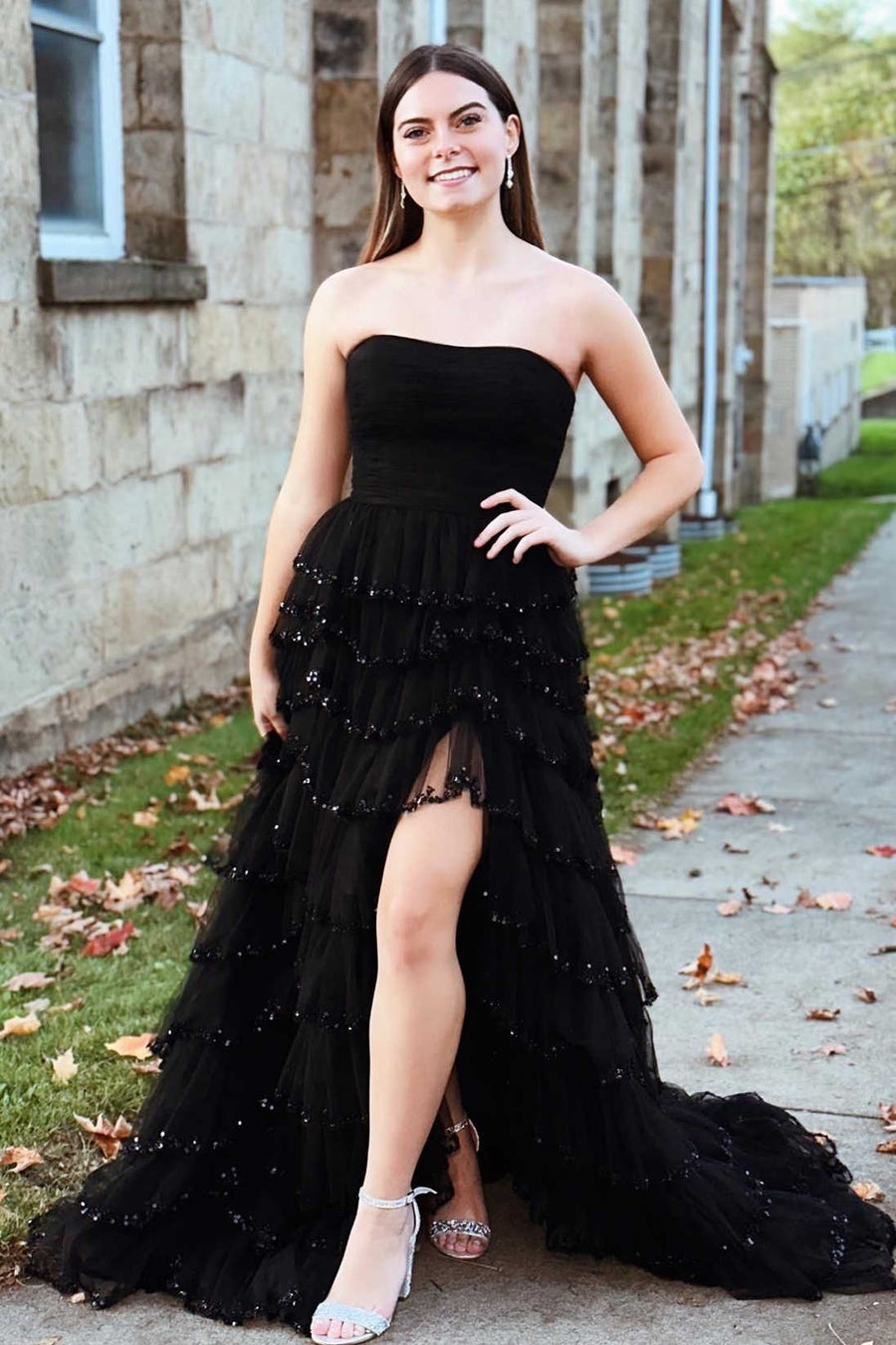 Tiered Tulle A-Line Strapless Empire Party Prom Dress With Slit
