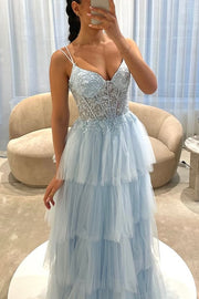 Tiered Tulle A-Line V-Neck Sleeveless Lace Top Party Prom Dress 