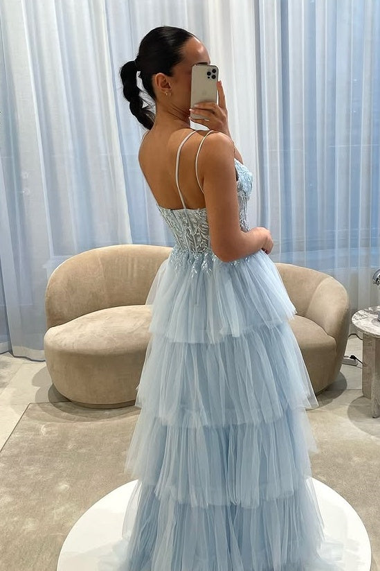 Tiered Tulle A-Line V-Neck Sleeveless Lace Top Party Prom Dress 