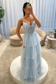 Tiered Tulle A-Line V-Neck Sleeveless Lace Top Party Prom Dress 