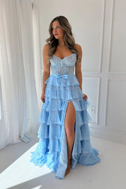 Sweetheart Strapless Empire Tiered Lace A-Line Prom Dress