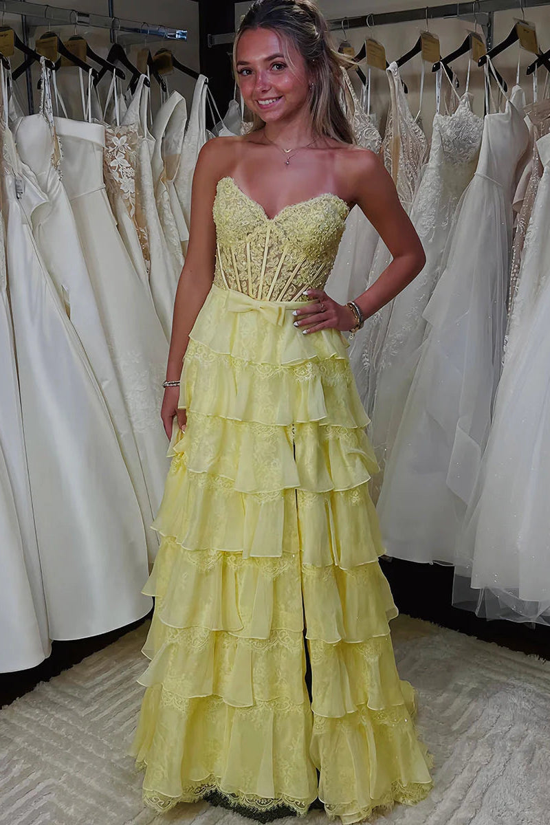 Sweetheart Strapless Empire Tiered Lace A-Line Prom Dress
