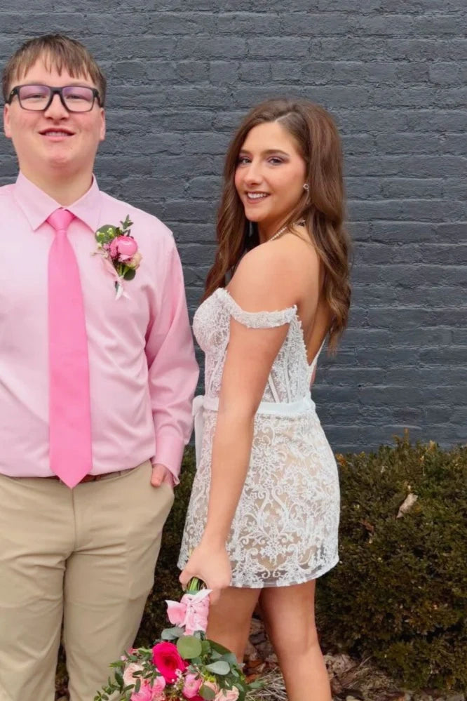 Tight Off-Shoulder V-Back Fully Lace Short Homecoming Dress